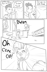 Size: 1980x3060 | Tagged: safe, artist:jojohernandez, imported from derpibooru, pinkie pie, spike, sweetie belle, dragon, earth pony, pony, unicorn, comic:rain check, black and white, comic, grayscale, monochrome