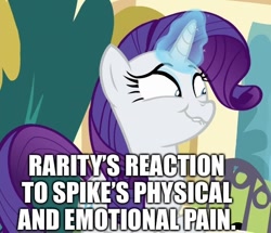 Size: 562x483 | Tagged: safe, edit, edited screencap, editor:useraccount, imported from derpibooru, screencap, rarity, spike, pony, unicorn, dragon dropped, abuse, caption, cropped, fact, faic, female, funny, go to sleep garble, image macro, implied spike, implied spikeabuse, mare, meme, op is on drugs, op is trying to start shit so badly that it's kinda funny, op isn't even trying anymore, sadism, shitposting, smiling, smirk, solo, spikeabuse, text, truth