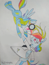 Size: 1560x2080 | Tagged: safe, artist:moonsetter, imported from derpibooru, rainbow dash, pegasus, pony, big eyes, clothes, crying, female, flying, goggles, in the sky, lab coat, mare, rainbow factory dash, simple background, tears of pain, traditional art, uniform, white background, wind, wonderbolts uniform