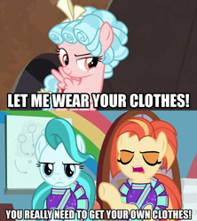 Size: 1280x1440 | Tagged: safe, edit, edited screencap, imported from derpibooru, screencap, cozy glow, lighthoof, shimmy shake, earth pony, pegasus, pony, 2 4 6 greaaat, frenemies (episode), caption, cheerleader outfit, clothes, female, filly, image macro, mare, meme, text