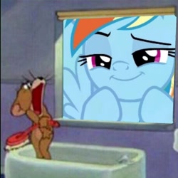 Size: 1920x1920 | Tagged: safe, edit, edited screencap, imported from derpibooru, screencap, rainbow dash, mouse, pegasus, pony, baby puss, brush, faic, jerry mouse, meme, screaming, smiling, smirk, spoiler for another series, tom and jerry, window