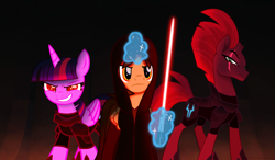 Size: 10033x5860 | Tagged: safe, artist:ejlightning007arts, imported from derpibooru, tempest shadow, twilight sparkle, oc, oc:ej, alicorn, unicorn, my little pony: the movie, airship, alicorn oc, armor, broken horn, crossover, dark side, evil eyes, evil twilight, eye scar, female, hood, horn, lightsaber, magic, male, mare, open up your eyes, red eyes, scar, sith, sith lord, stallion, star wars, storm army, telekinesis, twilight sparkle (alicorn), weapon