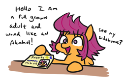 Size: 586x397 | Tagged: safe, artist:jargon scott, imported from derpibooru, scootaloo, pegasus, pony, alternate hairstyle, blatant lies, dialogue, disguise, fake id, female, filly, hoof hold, id card, no pupils, offscreen character, paper-thin disguise, seems legit, sideburns, simple background, solo, totally not scootaloo, trying too hard, white background