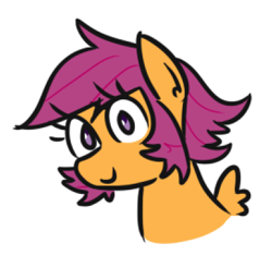 Size: 408x401 | Tagged: safe, artist:jargon scott, imported from derpibooru, scootaloo, pegasus, pony, alternate hairstyle, bust, female, filly, paper-thin disguise, sideburns, simple background, solo, totally not scootaloo, white background