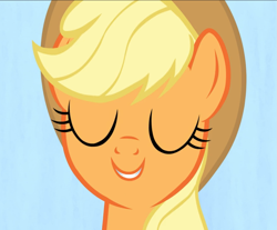 Size: 1129x935 | Tagged: safe, imported from derpibooru, screencap, applejack, earth pony, pony, fame and misfortune, cropped, cute, eyes closed, female, jackabetes, mare, smiling, solo