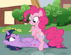 Size: 1077x830 | Tagged: safe, imported from derpibooru, screencap, pinkie pie, twilight sparkle, alicorn, earth pony, pony, fame and misfortune, bipedal, cropped, duo, female, looking at each other, lying down, mare, out of context, smiling, twilight sparkle (alicorn)