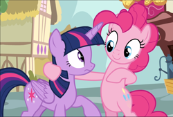 Size: 1390x940 | Tagged: safe, imported from derpibooru, screencap, pinkie pie, twilight sparkle, alicorn, earth pony, pony, fame and misfortune, bipedal, cropped, duo, female, hind legs, hoof around neck, hoof on chest, looking at each other, mare, raised hoof, smiling, twilight sparkle (alicorn)