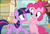 Size: 1390x940 | Tagged: safe, imported from derpibooru, screencap, pinkie pie, twilight sparkle, alicorn, earth pony, pony, fame and misfortune, bipedal, cropped, duo, female, hind legs, hoof around neck, hoof on chest, looking at each other, mare, raised hoof, smiling, twilight sparkle (alicorn)