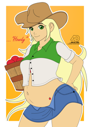 Size: 2480x3508 | Tagged: safe, artist:arrowdark, imported from derpibooru, applejack, equestria girls, applejack's hat, belly, belly button, big belly, clothes, cowboy hat, hat, looking at you, orange background, preggo jack, pregnant, pregnant equestria girls, simple background, text