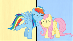 Size: 1668x937 | Tagged: safe, imported from derpibooru, screencap, fluttershy, rainbow dash, pegasus, pony, fame and misfortune, cropped, cute, dashabetes, duo, eyes closed, female, hug, mare, shyabetes, smiling, we're not flawless