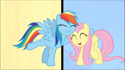 Size: 1671x940 | Tagged: safe, imported from derpibooru, screencap, fluttershy, rainbow dash, pegasus, pony, fame and misfortune, cropped, cute, dashabetes, eyes closed, female, hug, mare, open mouth, raised hoof, shyabetes, smiling, solo, we're not flawless