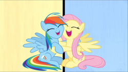 Size: 1667x939 | Tagged: safe, imported from derpibooru, screencap, fluttershy, rainbow dash, pegasus, pony, fame and misfortune, cropped, cute, dashabetes, duo, eyes closed, female, hug, mare, open mouth, shyabetes, sitting, smiling