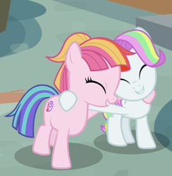 Size: 892x914 | Tagged: safe, imported from derpibooru, screencap, coconut cream, toola roola, earth pony, pony, fame and misfortune, cropped, cute, duo, eyes closed, female, hug, shipping fuel