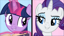 Size: 1670x941 | Tagged: safe, imported from derpibooru, screencap, rarity, twilight sparkle, alicorn, pony, unicorn, fame and misfortune, book, cropped, duo, female, glowing horn, horn, looking at each other, magic, mare, raised eyebrow, smiling, smirk, telekinesis, twilight sparkle (alicorn), we're not flawless