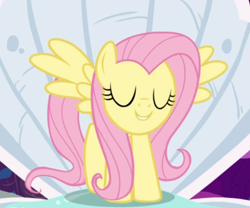 Size: 718x597 | Tagged: safe, imported from derpibooru, screencap, fluttershy, pegasus, pony, fame and misfortune, clam, cropped, cute, eyes closed, female, mare, shell, shyabetes, smiling, solo, spread wings, wings