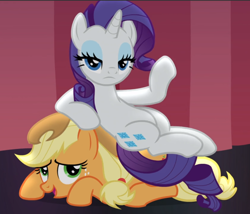 Size: 1088x932 | Tagged: safe, imported from derpibooru, screencap, applejack, rarity, earth pony, pony, unicorn, fame and misfortune, cropped, duo, female, freckles, lidded eyes, mare, sitting on, sitting on person, sitting on pony, we're not flawless