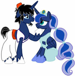 Size: 704x712 | Tagged: safe, artist:kittythenerd, deleted from derpibooru, imported from derpibooru, princess luna, oc, oc:frenzy, alicorn, pony, unicorn, aladdin, canon x oc, clothes, costume, female, fez, hat, hoof shoes, jasmine, male, mare, shipping, simple background, stallion, straight, white background