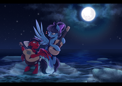 Size: 2550x1800 | Tagged: safe, artist:hexfloog, imported from derpibooru, oc, oc:star spicer, oc:strumbeat strings, pegasus, beach, commission, female, guitar, guitarron, moon, musical instrument, night, rock, water