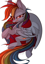 Size: 1920x2716 | Tagged: safe, artist:lilsunnyday, imported from derpibooru, rainbow dash, pegasus, pony, fanfic:rainbow factory, backwards cutie mark, eye clipping through hair, female, mouth hold, red eyes, simple background, slightly creepy, solo, syringe, transparent background