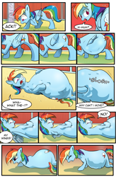 Size: 1800x2740 | Tagged: safe, artist:candyclumsy, imported from derpibooru, rainbow dash, pegasus, pony, comic:don't play with potions, accident, barn, belly, belly expansion, big belly, body horror, comic, commissioner:bigonionbean, cutie mark, dat butt, dialogue, growth, shocked, shocked expression, sweet apple acres, swelling, swollen, the ass was fat, thicc ass, transformation, wings, writer:bigonionbean