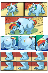 Size: 1800x2740 | Tagged: safe, artist:candyclumsy, imported from derpibooru, rainbow dash, pegasus, pony, comic:don't play with potions, accident, barn, belly, body horror, butt, claws, comic, commissioner:bigonionbean, cutie mark, dat butt, dialogue, growth, plot, shocked, shocked expression, sweet apple acres, swelling, swollen, the ass was fat, thicc ass, transformation, writer:bigonionbean