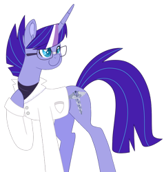 Size: 600x629 | Tagged: safe, artist:katsuforov-chan, artist:shiiazu, imported from derpibooru, oc, oc only, oc:sapphire eclipse, pony, unicorn, caduceus, clothes, colored pupils, cutie mark, digital art, ear fluff, female, glasses, hoof on chest, lab coat, magical lesbian spawn, next generation, offspring, parent:tempest shadow, parent:twilight sparkle, parents:tempestlight, signature, simple background, solo, transparent background