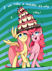 Size: 2400x3300 | Tagged: safe, artist:docwario, imported from derpibooru, fluttershy, pinkie pie, earth pony, pegasus, pony, abstract background, balancing, cake, cute, duo, food, head carry, high res