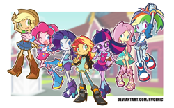 Size: 2720x1700 | Tagged: safe, artist:rvceric, imported from derpibooru, applejack, fluttershy, pinkie pie, rainbow dash, rarity, sci-twi, sunset shimmer, twilight sparkle, equestria girls, boots, bow, clothes, cowboy boots, cowboy hat, female, glasses, hair bow, hat, humane five, humane seven, humane six, jacket, leather jacket, shoes, sneakers