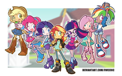 Size: 2720x1700 | Tagged: safe, alternate version, artist:rvceric, imported from derpibooru, kotobukiya, applejack, fluttershy, pinkie pie, rainbow dash, rarity, sci-twi, sunset shimmer, twilight sparkle, human, equestria girls, boots, clothes, cowboy hat, denim shorts, denim skirt, dress, glasses, goggles, hairband, hat, high heel boots, high heels, human coloration, humane five, humane seven, humane six, miniskirt, pleated skirt, ponytail, shoes, shorts, side slit, skirt, sneakers, socks, stetson