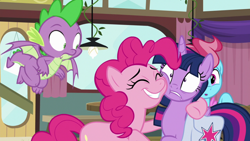 Size: 1920x1080 | Tagged: safe, imported from derpibooru, screencap, cup cake, pinkie pie, spike, twilight sparkle, alicorn, dragon, a trivial pursuit, bag, hug, saddle bag, squishy cheeks, twilight sparkle (alicorn), winged spike, wings