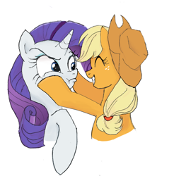 Size: 788x800 | Tagged: safe, artist:yuniuni11, imported from derpibooru, applejack, rarity, earth pony, pony, unicorn, :t, applejack's hat, cowboy hat, eyes closed, female, freckles, grin, hat, mare, peeved, simple background, smiling, squishy cheeks, stetson, white background