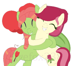 Size: 406x369 | Tagged: safe, artist:firefox238, artist:selenaede, imported from derpibooru, roseluck, tree hugger, earth pony, pony, base used, bipedal, cute, eyes closed, female, grin, hug, lesbian, rosehugger, shipping, simple background, smiling, transparent background, watermark