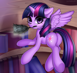 Size: 3172x3024 | Tagged: safe, artist:yutakira92, imported from derpibooru, twilight sparkle, alicorn, pony, book, bookshelf, cleaning, cute, duster, female, flying, golden oaks library, horn, looking at you, looking back, looking back at you, mare, mouth hold, ponytail, rear view, solo, twiabetes, twilight sparkle (alicorn), wings