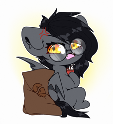 Size: 1200x1320 | Tagged: safe, artist:etoz, imported from derpibooru, oc, oc only, oc:aubade, pony, annoyed, bag, blushing, chibi, coffee, coffee beans, coffee mug, cute, glasses, grumpy, mug, ocbetes, sitting, solo, steam