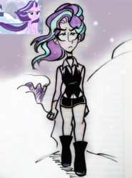 Size: 2314x3128 | Tagged: safe, artist:citi, imported from derpibooru, screencap, starlight glimmer, human, the ending of the end, badass, female, humanized, scene interpretation, screencap reference, snow, solo, traditional art, walking away, windswept hair