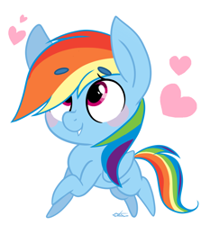 Size: 1280x1376 | Tagged: safe, artist:dddreamdraw, imported from derpibooru, rainbow dash, pegasus, pony, beanbrows, blushing, chibi, cute, dashabetes, eyebrows, female, heart, mare, simple background, solo, white background