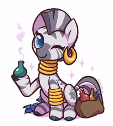 Size: 1840x2048 | Tagged: safe, artist:dawnfire, imported from derpibooru, zecora, pony, zebra, bag, bracelet, colored pupils, cute, ear piercing, earring, female, flower, jewelry, looking at you, mare, neck rings, one eye closed, piercing, plant, poison joke, potion, quadrupedal, simple background, sitting, smiling, solo, white background, wink, zecorable