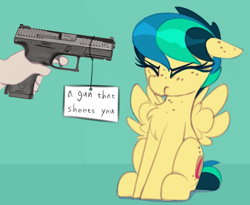 Size: 1000x820 | Tagged: safe, artist:shinodage, edit, imported from derpibooru, oc, oc only, oc:apogee, human, pegasus, pony, apogee getting sprayed, captain obvious, chest fluff, eyes closed, female, filly, floppy ears, fluffy, freckles, green background, gun, hand, handgun, mare, meme, offscreen character, pistol, simple background, solo, text, weapon