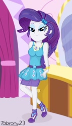 Size: 584x1024 | Tagged: safe, artist:tabrony23, edit, editor:thomasfan45, imported from derpibooru, rarity, equestria girls, equestria girls series, barrette, beautiful, bedroom eyes, boutique, bracelet, clothes, curtains, cute, female, geode of shielding, high heels, jewelry, leaning on table, looking at you, magical geodes, mirror, pencil skirt, raribetes, rarity peplum dress, shoes, show accurate, skirt, smiling, solo