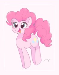 Size: 1619x2048 | Tagged: dead source, safe, artist:arrow__root, artist:ginmaruxx, imported from derpibooru, pinkie pie, earth pony, pony, blushing, cute, diapinkes, female, mare, open mouth, pink background, pronking, simple background, solo