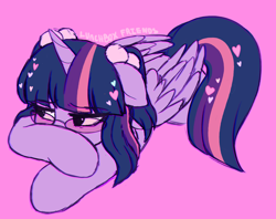 Size: 2334x1848 | Tagged: safe, artist:moozua, imported from derpibooru, twilight sparkle, alicorn, pony, alternate hairstyle, cute, female, floppy ears, frown, glasses, hair accessory, heart, lunchbox friends, mare, pigtails, pink background, prone, simple background, solo, sunglasses, twiabetes, twilight sparkle (alicorn)