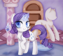 Size: 1600x1421 | Tagged: safe, artist:appleychu, artist:appleychuu, imported from derpibooru, rarity, pony, unicorn, carousel boutique, cheek fluff, chest fluff, colored pupils, cute, ear fluff, female, heart eyes, leg fluff, looking at you, magic, mannequin, mare, needle, raribetes, solo, telekinesis, thread, wingding eyes