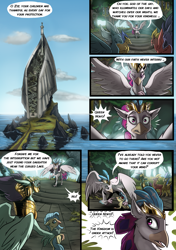 Size: 3541x5016 | Tagged: safe, artist:alexvanarsdale, artist:lummh, imported from derpibooru, princess skystar, queen novo, stratus skyranger, classical hippogriff, hippogriff, comic:twist of faith, my little pony: the movie, absurd resolution, armor, background hippogriff, cloud, comic, female, fledgeling, hippogriffia, male, mount aris, ocean, speech bubble, unnamed hippogriff, young skystar