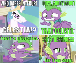 Size: 635x524 | Tagged: safe, edit, edited screencap, editor:undeadponysoldier, imported from derpibooru, screencap, princess celestia, spike, alicorn, dragon, pony, series:spikebob scalepants, angry, caption, comic, female, image macro, male, mare, meme, nervous, nervous grin, parody, patchy the pirate, reference, screencap comic, spike is not amused, spongebob squarepants, spongebob's house party, talking to viewer, text, unamused, winged spike, wings, wrong aspect ratio