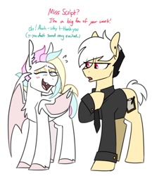 Size: 825x957 | Tagged: safe, artist:redxbacon, imported from derpibooru, oc, oc only, oc:note clip, oc:sweet script, bat pony, earth pony, pony, clothes, dialogue, shirt, talking