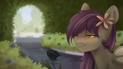 Size: 1920x1080 | Tagged: safe, artist:wingell, imported from derpibooru, oc, oc only, oc:umbra tempestas, bat pony, pony, bat pony oc, black rose, garden, solo