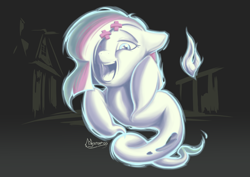 Size: 3496x2480 | Tagged: safe, artist:madgehog, imported from derpibooru, oc, oc:ghost pone, ghost, ghost pony, pony, undead, ectoplasm, female, glow, glowing, happy, looking at you, mare, night, open mouth, re:questria, spooky