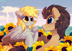 Size: 2378x1681 | Tagged: safe, alternate version, artist:mirtash, imported from derpibooru, derpy hooves, doctor whooves, time turner, earth pony, pegasus, pony, blushing, chest fluff, doctorderpy, ear fluff, eye contact, female, fence, flower, looking at each other, male, mare, shipping, smiling, stallion, straight, sunflower, windmill