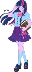 Size: 2705x6000 | Tagged: safe, artist:pink1ejack, imported from derpibooru, kotobukiya, twilight sparkle, human, equestria girls, absurd resolution, bishoujo, book, clothes, cute, female, glasses, humanized, i can't believe it's not sci-twi, japanese, kotobukiya twilight sparkle, looking at you, meganekko, miniskirt, moe, pleated skirt, shoes, simple background, skirt, smiling, socks, solo, transparent background, twiabetes, twilight's professional glasses, vector