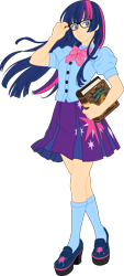 Size: 2705x6000 | Tagged: safe, artist:pink1ejack, imported from derpibooru, kotobukiya, twilight sparkle, human, equestria girls, absurd resolution, bishoujo, book, clothes, cute, female, glasses, human coloration, humanized, i can't believe it's not sci-twi, japanese, kotobukiya twilight sparkle, looking at you, meganekko, miniskirt, moe, pleated skirt, shoes, simple background, skirt, smiling, socks, solo, transparent background, twiabetes, twilight's professional glasses, vector